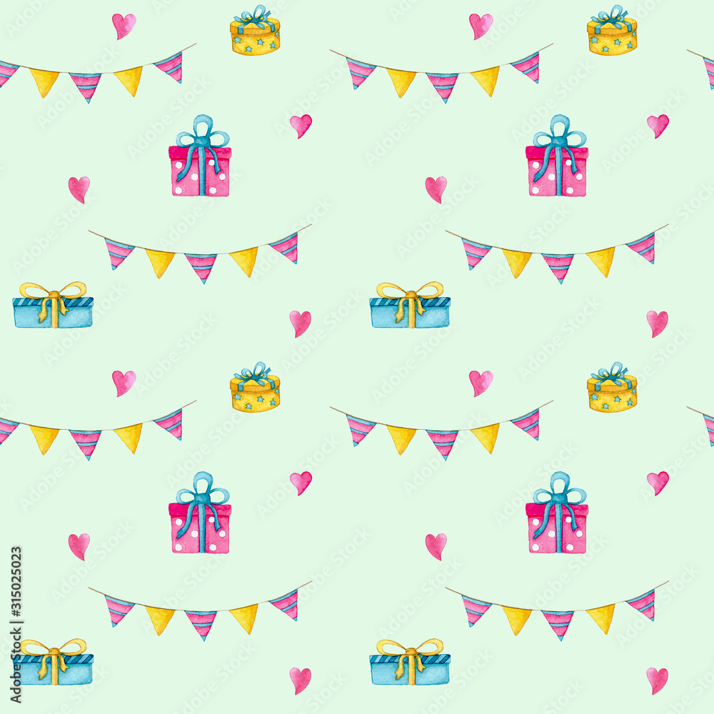 Cute seamless happy birthday pattern with hearts, gift boxes and flags on a rope on a green background.