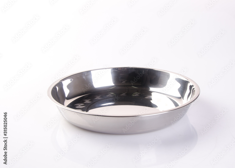 plate or stainless steel food plate on background new.