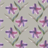 Blooming orchids. Seamless pattern of decorative lilac flowers, green leaves,stems on a light background.Watercolor, brush stroke from color to color.Suitable for design of fabric, wrapping,home decor