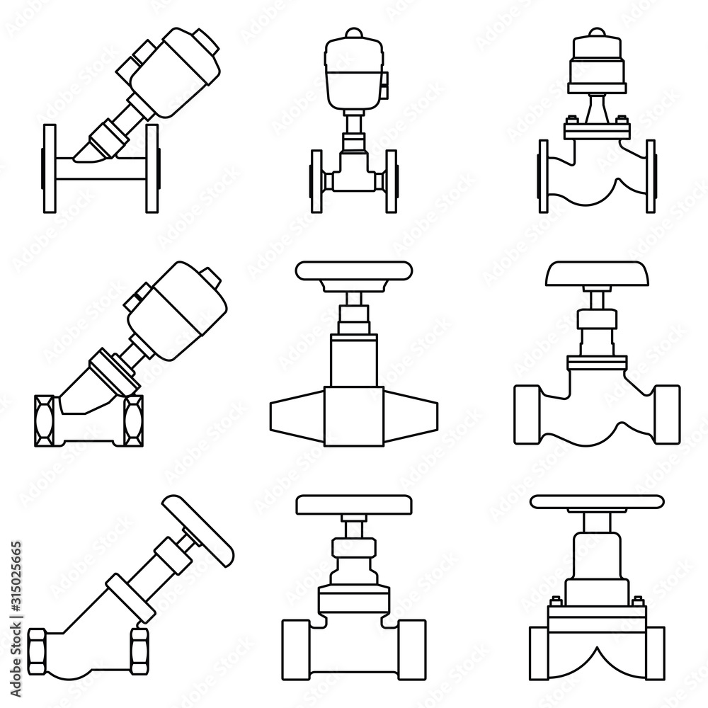 Industrial valves icons. Piston valve. Control valves. Thin line vector ...