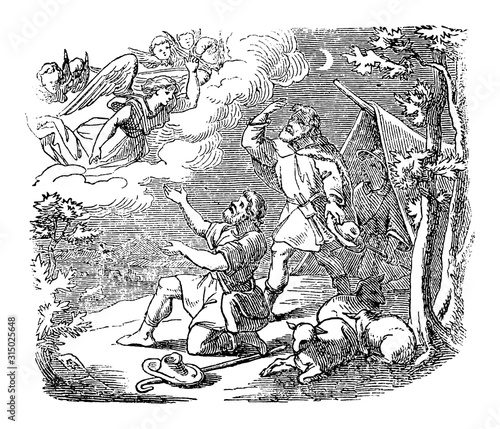 Vintage drawing or engraving of biblical story of angel speaking to shepherds near Bethlehem about bird of Jesus.Bible, New Testament,Luke 1. Biblische Geschichte , Germany 1859.