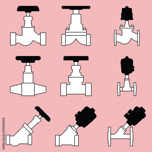 Industrial valves icons. Piston valve. Control valves. Flat vector