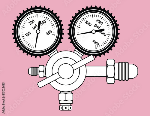 Pressure reducing regulators valve. Gas gauge. Vector illustration