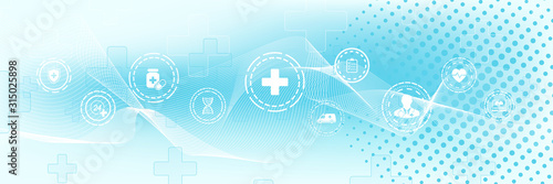 Abstract health care banner template with flat icons. Healthcare medicine concept. Medical innovation technology pharmacy banner. Vector illustration