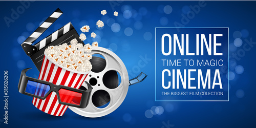 Cinematograph Concept Banner Design Template with Movie Clapper Board, Popcorn in the Striped Bag, Film Reel and 3d Glasses Over Blue Background with Bokeh Light Effects