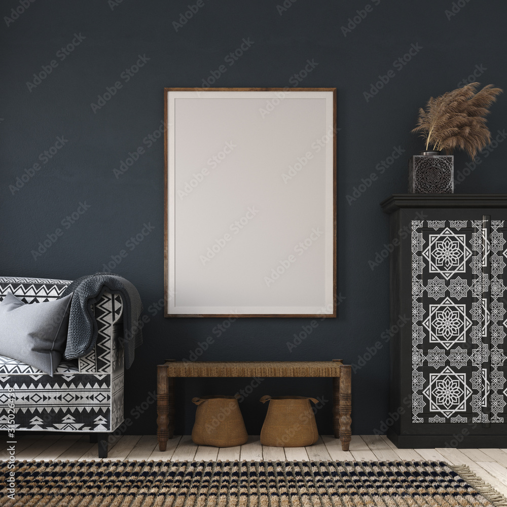 Mockup poster in dark home interior, ethnic style living room, 3d render - obrazy, fototapety, plakaty 