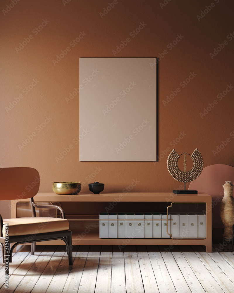Modern dark interior with commode, chair and decor in terracotta colors, 3d render - obrazy, fototapety, plakaty 