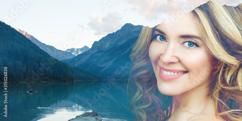 Double exposure of woman and blue lake nature landscape.