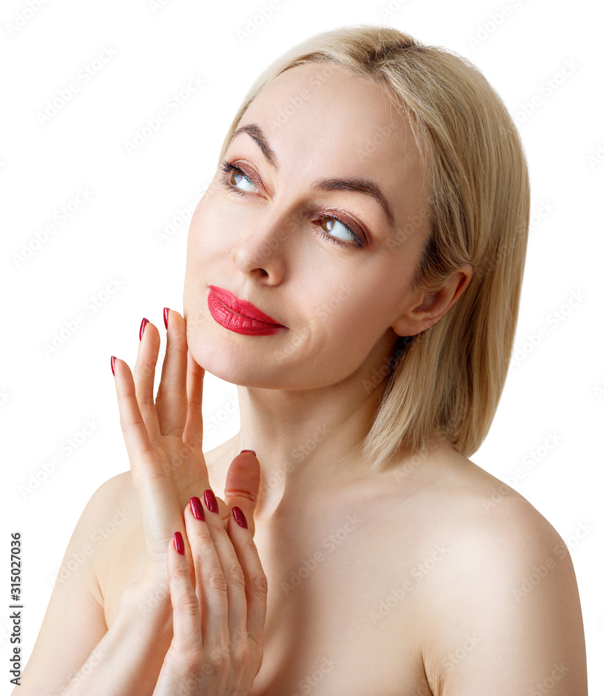 Beautiful mature woman with healthy skin and bright make-up.