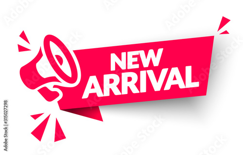 Vector Illustration New Arrival Sticker, Tag Or Banner With Megaphone