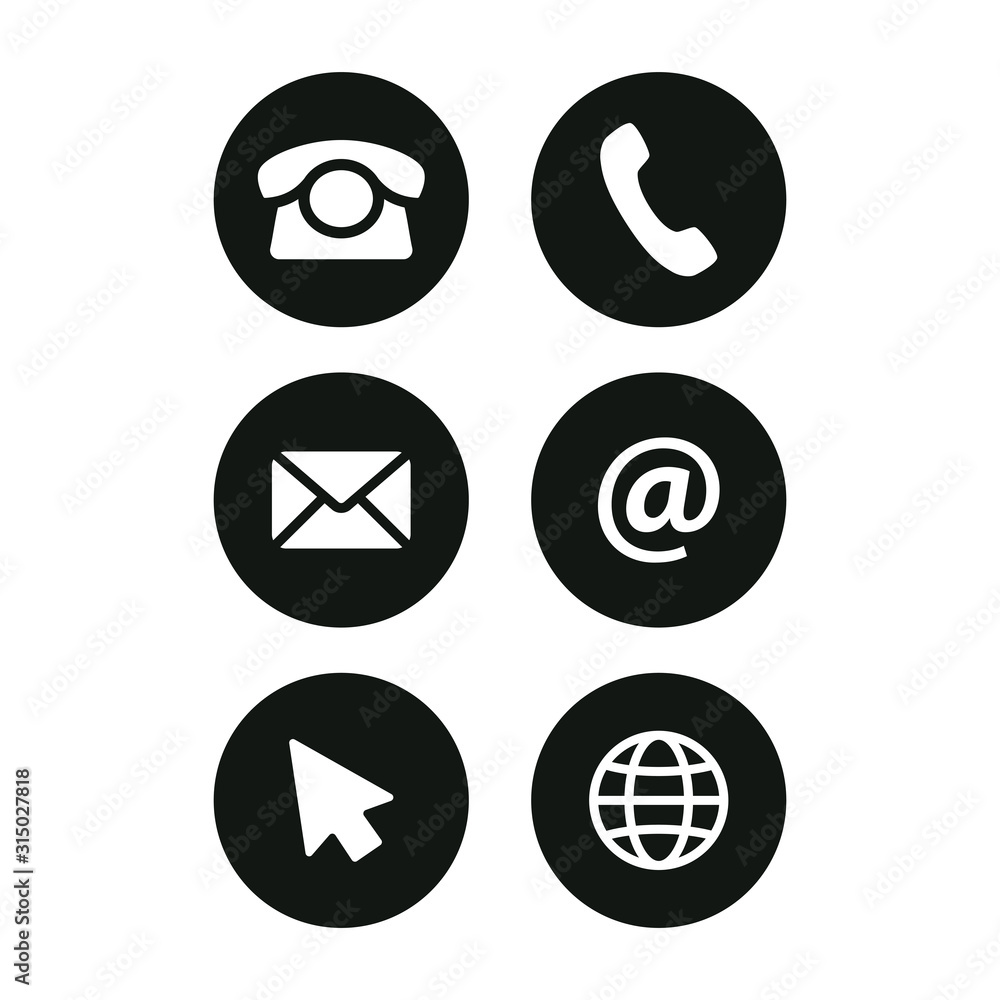 Contact round buttons black vector icons. Phone, website and email symbols. Contact round buttons black vector icons. Phone, website and email symbols.