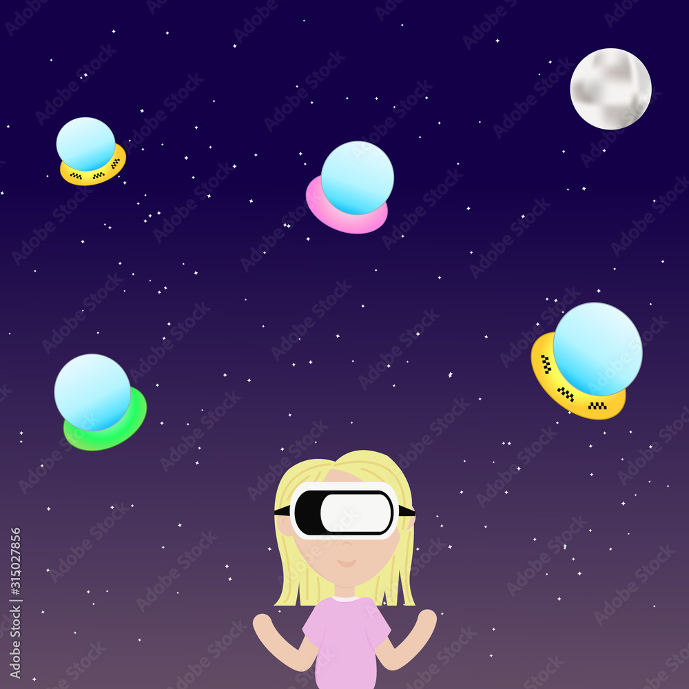 Naklejka premium Girl in virtual reality glasses against the background of the starry sky. Vector.
