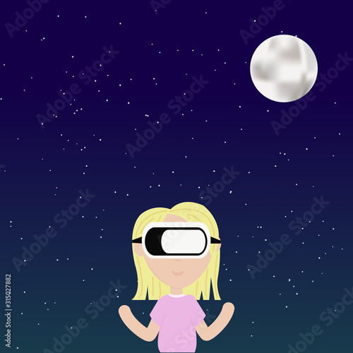 Girl in virtual reality glasses against the background of the starry sky. Vector.