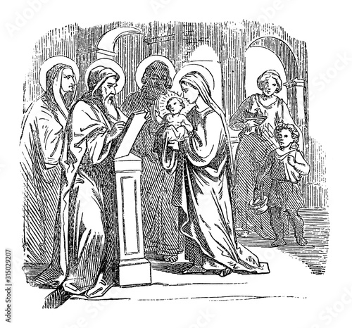 Vintage drawing or engraving of biblical story of baby Jesus presented in temple with mother Mary, father Saint Joseph, Simeon and prophet Anna.Bible, New Testament,Luke 2. Biblische Geschichte