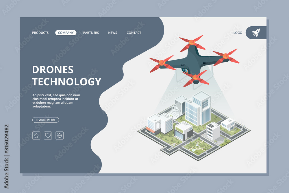 Drones technology. Landing smart city isometric flying digital camera urban  landscape vector web layout. Illustration isometric drone with camera and  innovation city vector de Stock | Adobe Stock