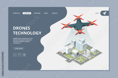 Drones technology. Landing smart city isometric flying digital camera urban landscape vector web layout. Illustration isometric drone with camera and innovation city