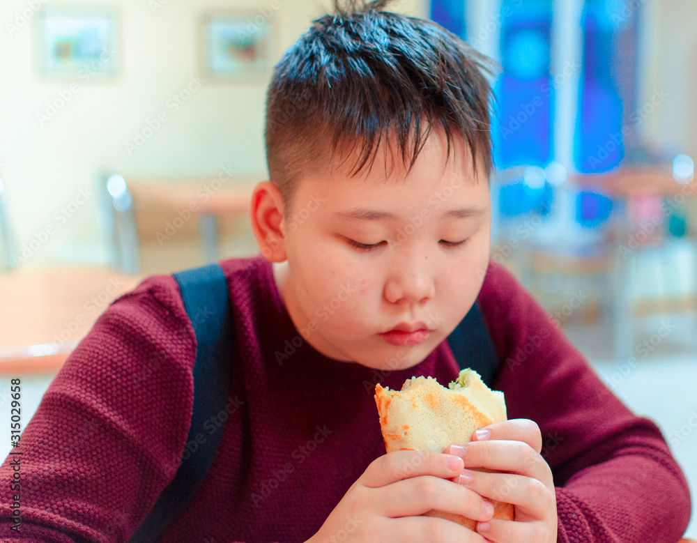 Asian teenage boy eating fast food big roll with kebab Doner pancake in a colorful maroon sweater portrait of a smiling in a cafe bakery Asian teenage boy eating fast food big roll with kebab Doner pancake in a colorful maroon sweater portrait of a smiling in a cafe bakery