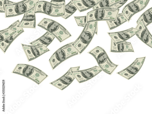 Money falling. Business concept dollars banknotes cash rain economic investment products wealth vector background. Illustration cash falling, finance economic success photo