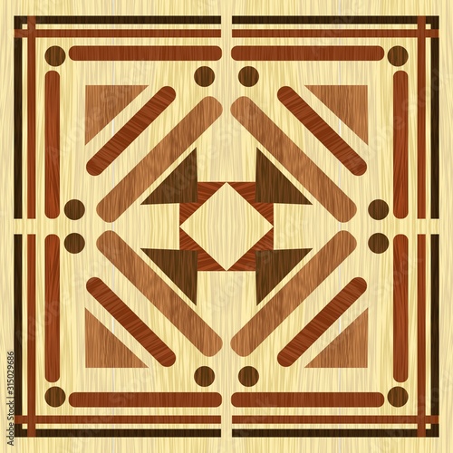 Wooden inlay with light background, dark wooden patterns. Wooden art decoration template. Veneer textured geometric ornament. Vector design.