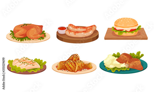 Dishes with Grilled Meat Served on Plates with Greenery Vector Illustrations Set
