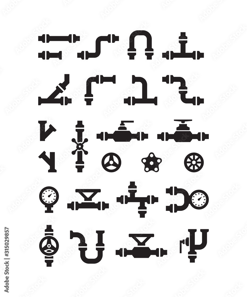 Pipe symbols. Gas or water pipelines steam pressure counters faucets switches for sanitary engineering vector. Illustration pipeline and pressure, construction plumbing gasoline