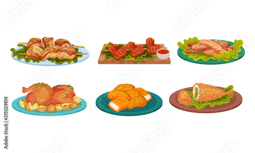 Dishes with Grilled Meat Served on Plates with Greenery Vector Illustrations Set