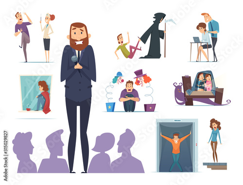 Scary characters. Various fears of people nervous panic characters with expression faces phobia vector scary persons. Illustration people fear and anxiety, cartoon afraid and stress