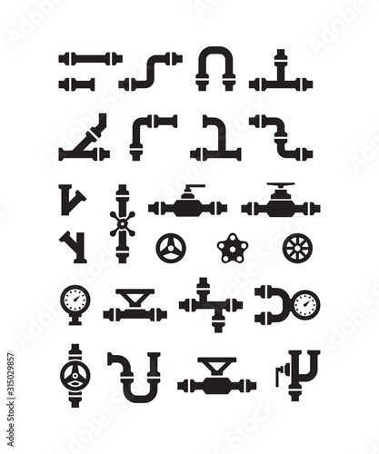 Pipe symbols. Gas or water pipelines steam pressure counters faucets switches for sanitary engineering vector. Illustration pipeline and pressure, construction plumbing gasoline