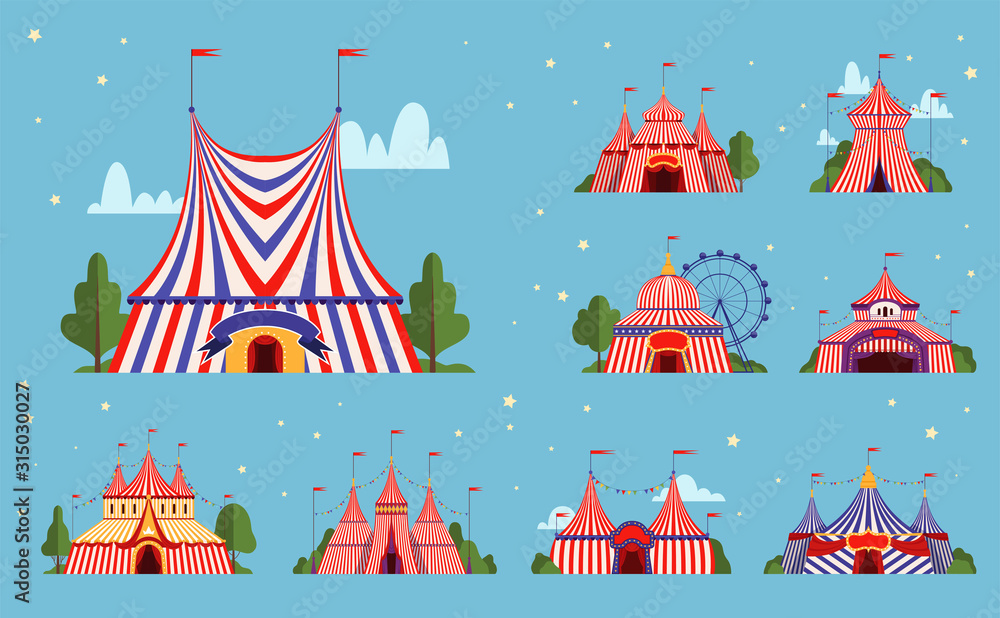 Circus tent. Festival events or party park tent with stripe lines borders vector illustrations. Arena circus, outdoor awning for festival Circus tent. Festival events or party park tent with stripe lines borders vector illustrations. Arena circus, outdoor awning for festival