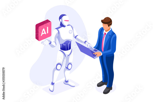 Symbolic office, computer symbol as remote web assistance for humans. Artificial intelligence technology sign. Internet workers simple man and high tech robot machine. Cartoon flat vector illustration