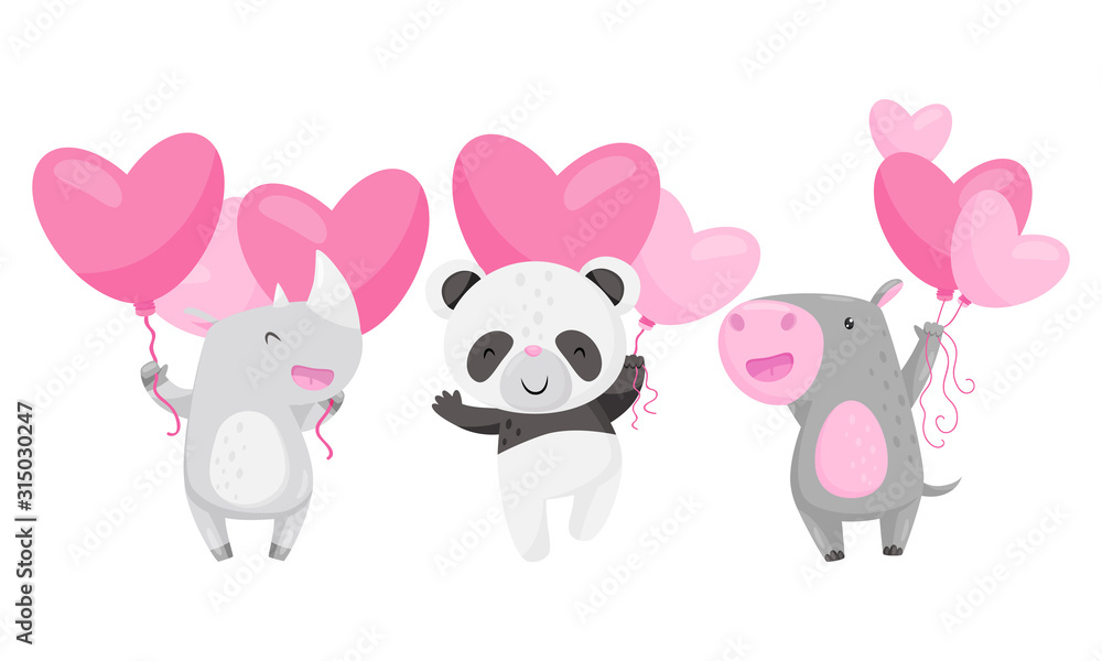 Obraz premium Cute Animals Holding Heart Shaped Pink Balloons Vector Illustrations Set