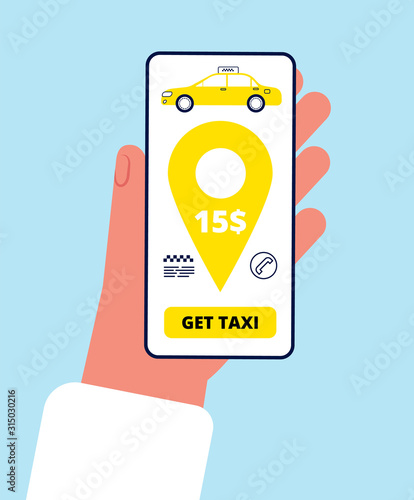 Taxi order online. Smartphone app hand holding telephone and press button to call taxi application vector concept. Illustration taxi smartphone app service, order cab application