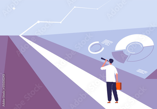 Business begin concept. Person standing on the road and viewing in horizon opportunity big challenge and profit vector illustration. Business opportunity and challenge, solution and motivation