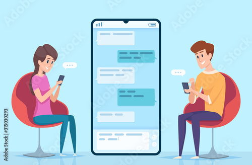 Messaging people. Couple male and female characters online dating chatting secure dialog on smartphone vector concept. Illustration couple communication, smartphone dialog, social message