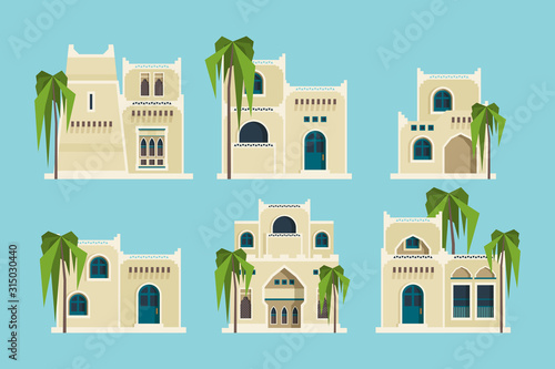 Ancient arabic houses. Old traditional muslim brick buildings desert architectural objects mosque vector flat collection. Muslim architectural structure, sandstone house illustration