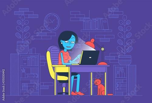 Woman work at night in home office with laptop. Late work by a girl freelancer at the computer. Vector illustration.