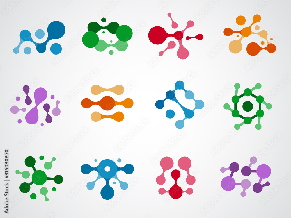 Fototapeta premium Molecule connection. Science abstract round shapes and forms graphic water or paint ink explosion chemistry communication vector concept. Science molecule, chemistry molecular structure illustration