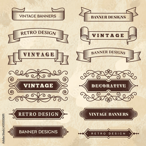 Vintage banners. Wedding flourish ornament grunge ribbons chalkboard textures vector retro style badges. Grunge retro frame decoration illustration