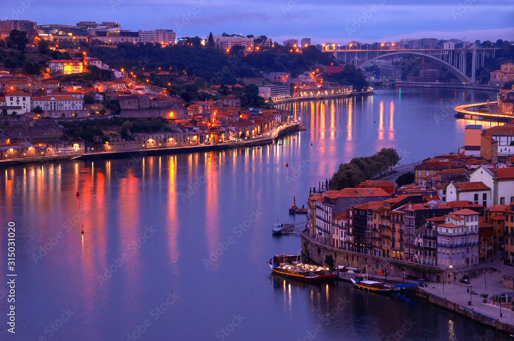 Porto, Portugal. Beautiful early morning in old town ribeira. Douro river. Aerial perspective landmark.