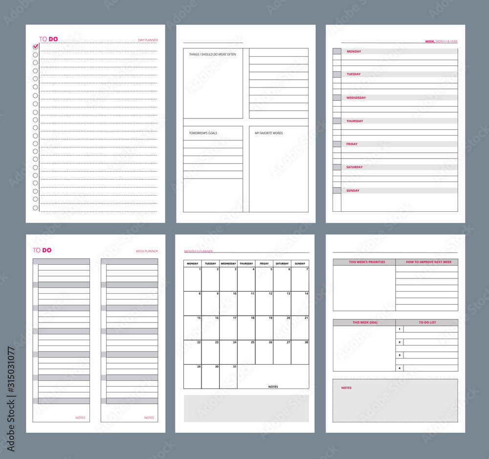 Planner pages. Notebook agenda diary vertical pages template goals  organizer vector designs. Illustration planner organizer, agenda week and  diary month Stock-Vektorgrafik | Adobe Stock