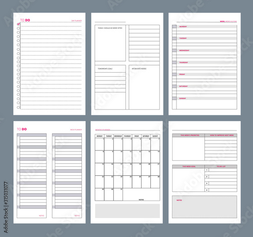 Planner pages. Notebook agenda diary vertical pages template goals organizer vector designs. Illustration planner organizer, agenda week and diary month