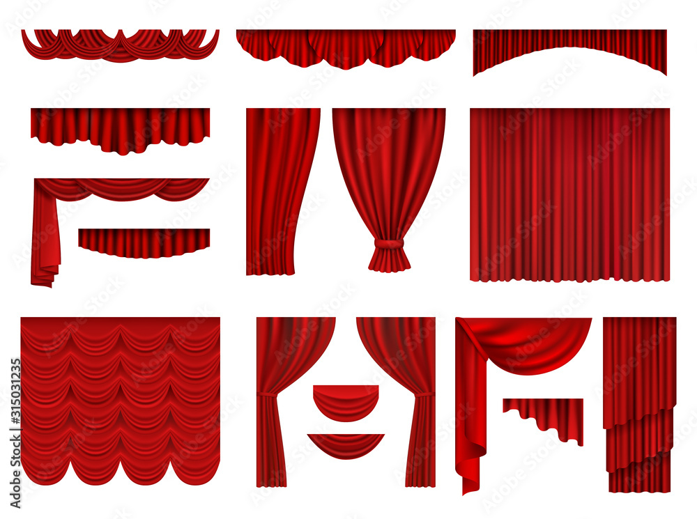 Red curtains. Textile theatrical opera scenes decoration curtains vector realistic collection set. Fabric curtain velvet, presentation theatrical illustration - obrazy, fototapety, plakaty 