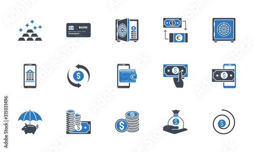 Banking icons set. Black and blue color.
