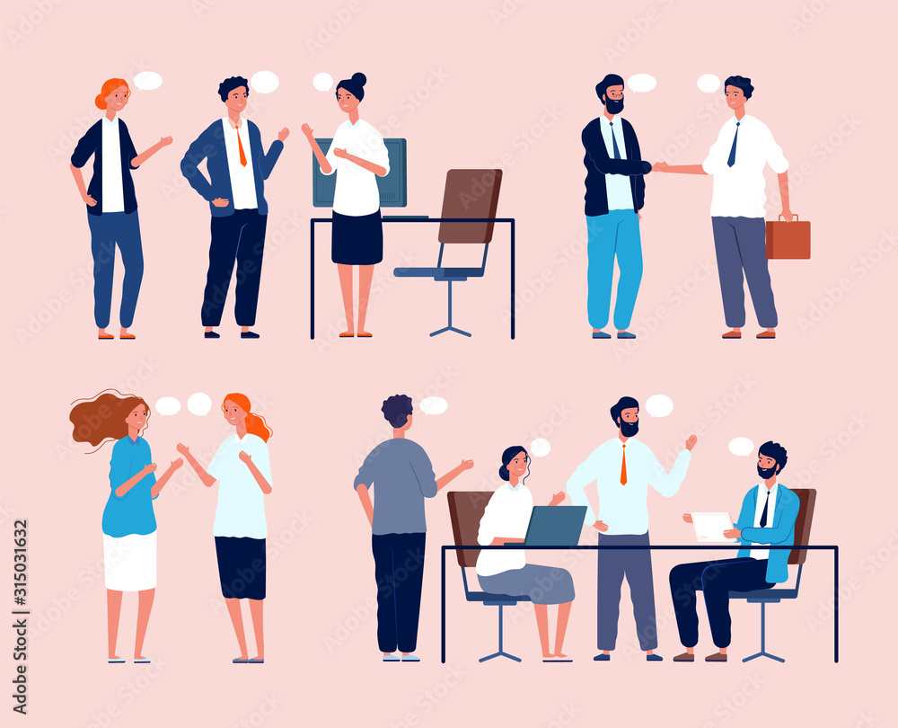 Business situation. Dialog between persons sitting at table in office people meeting vector flat pictures. Business worker and brainstorming, organization workspace, employee negotiation illustration