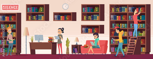 School library. People with books students sitting and reading in biblioteca interior with bookshelves vector background. Illustration bookstore university, library with bookshelf
