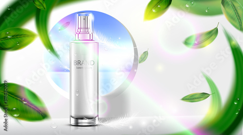 Luxury cosmetic Bottle package skin care cream, Beauty cosmetic product poster, with leaves and white color background