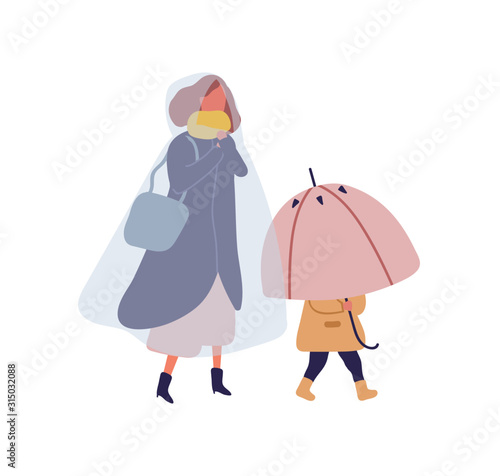 Cartoon little kid holding umbrella walking under rain with mother