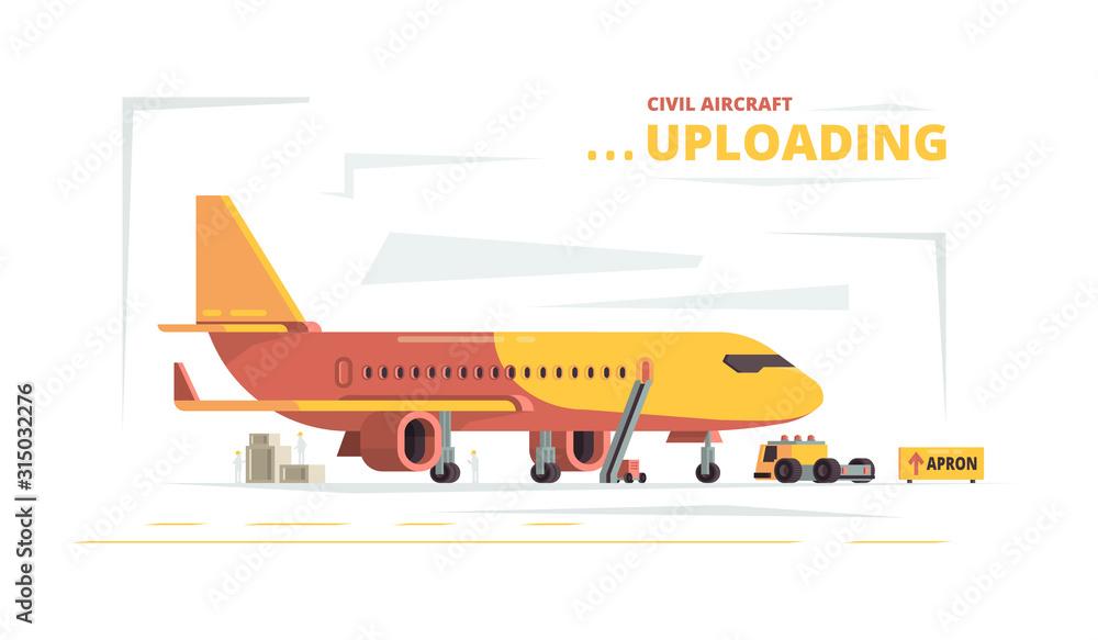 Cargo plane. Upload civil aircraft technical cars freight vector concept. Preparing and loading aircraft before flight illustration