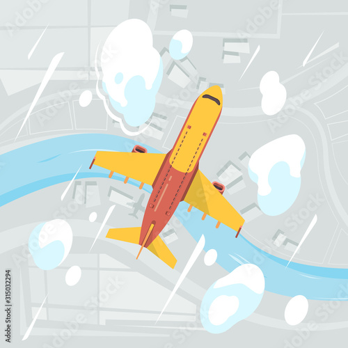 Airplane sky top view. Flying transport jet civil aircraft vector clouds vector aerial background. Illustration airplane travel, plane flight
