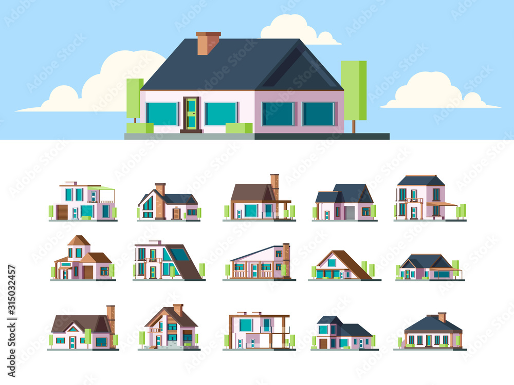 Residential houses. Suburban townhouse buildings countryside apartments flat property modern living exterior vector set. Different house, architectural cottage collection building illustration